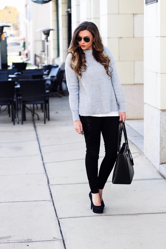 Grey Mock Neck Winter Sweater + Black Distressed Denim