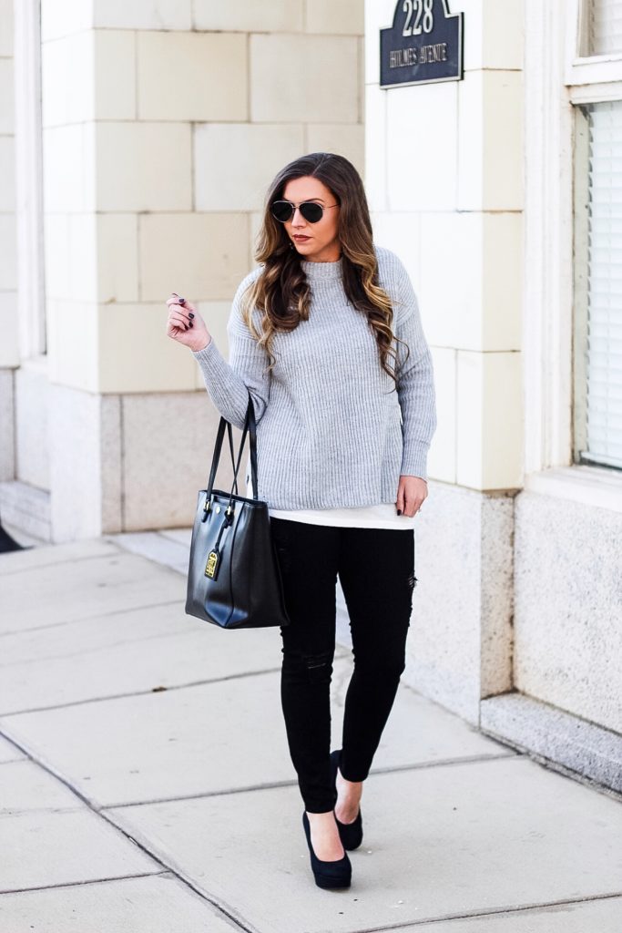 Grey Mock Neck Winter Sweater + Black Distressed Denim